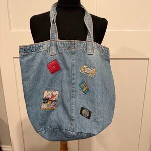Vintage Denim Jean Book Bag with Patches Shoulder Shopping Bag